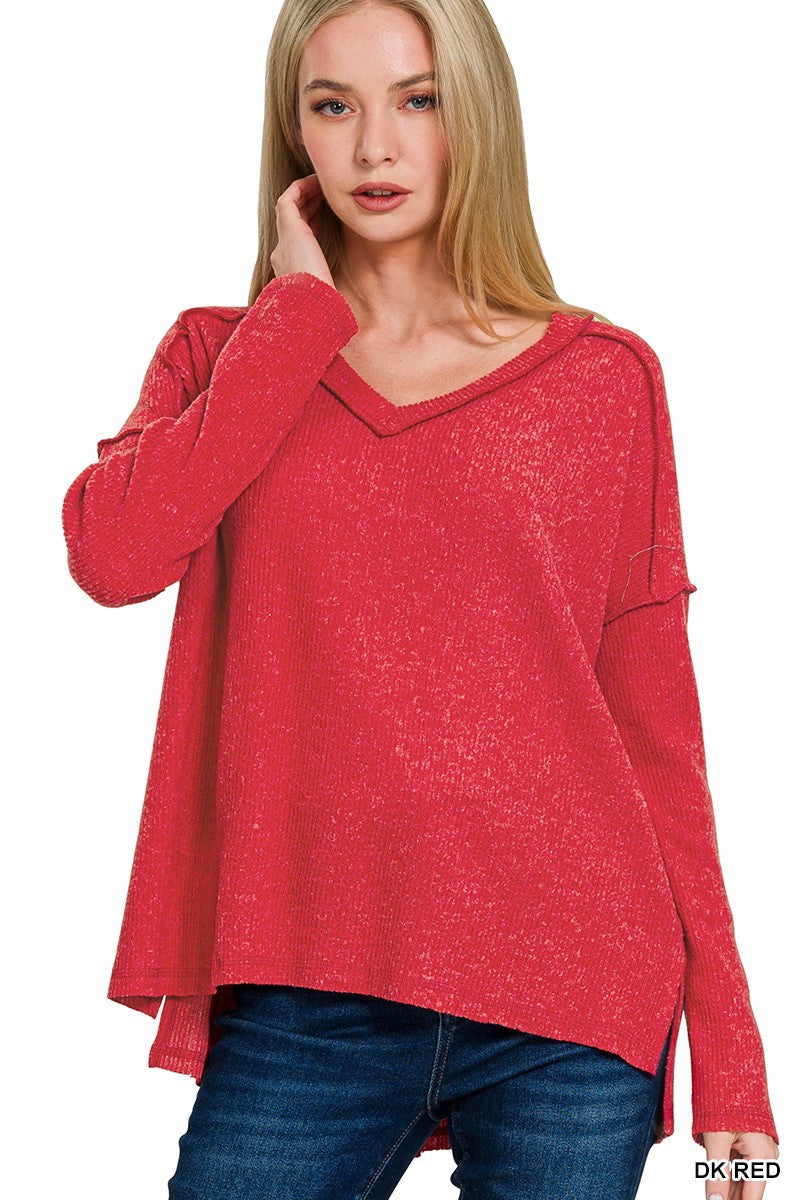 Brushed Ribbed V-neck Sweater