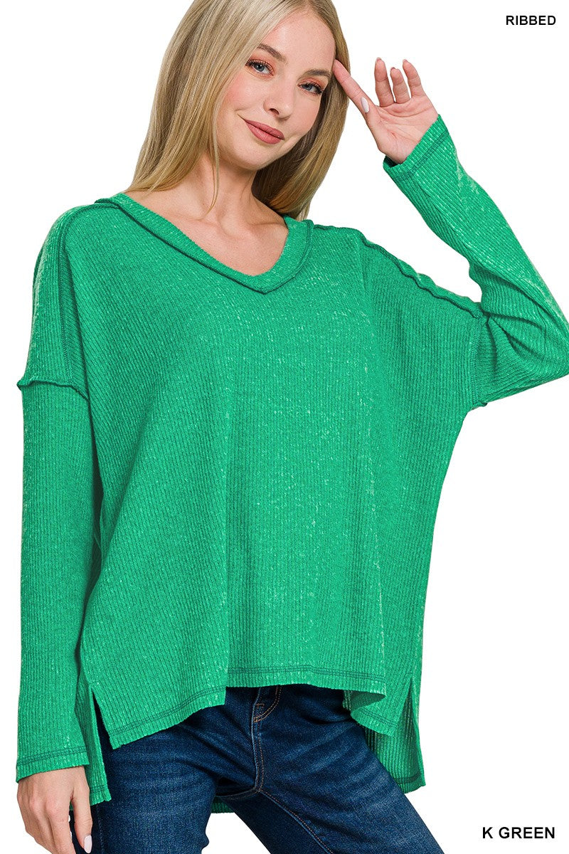 Brushed Ribbed V-neck Sweater