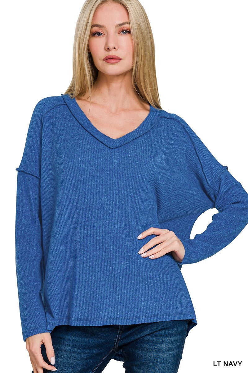 Brushed Ribbed V-neck Sweater