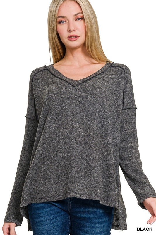 Brushed Ribbed V-neck Sweater