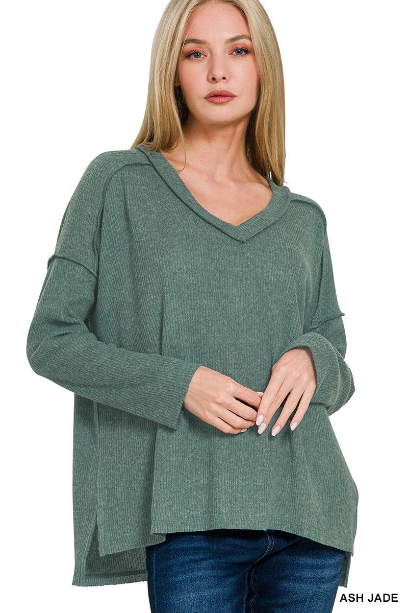 Brushed Ribbed V-neck Sweater