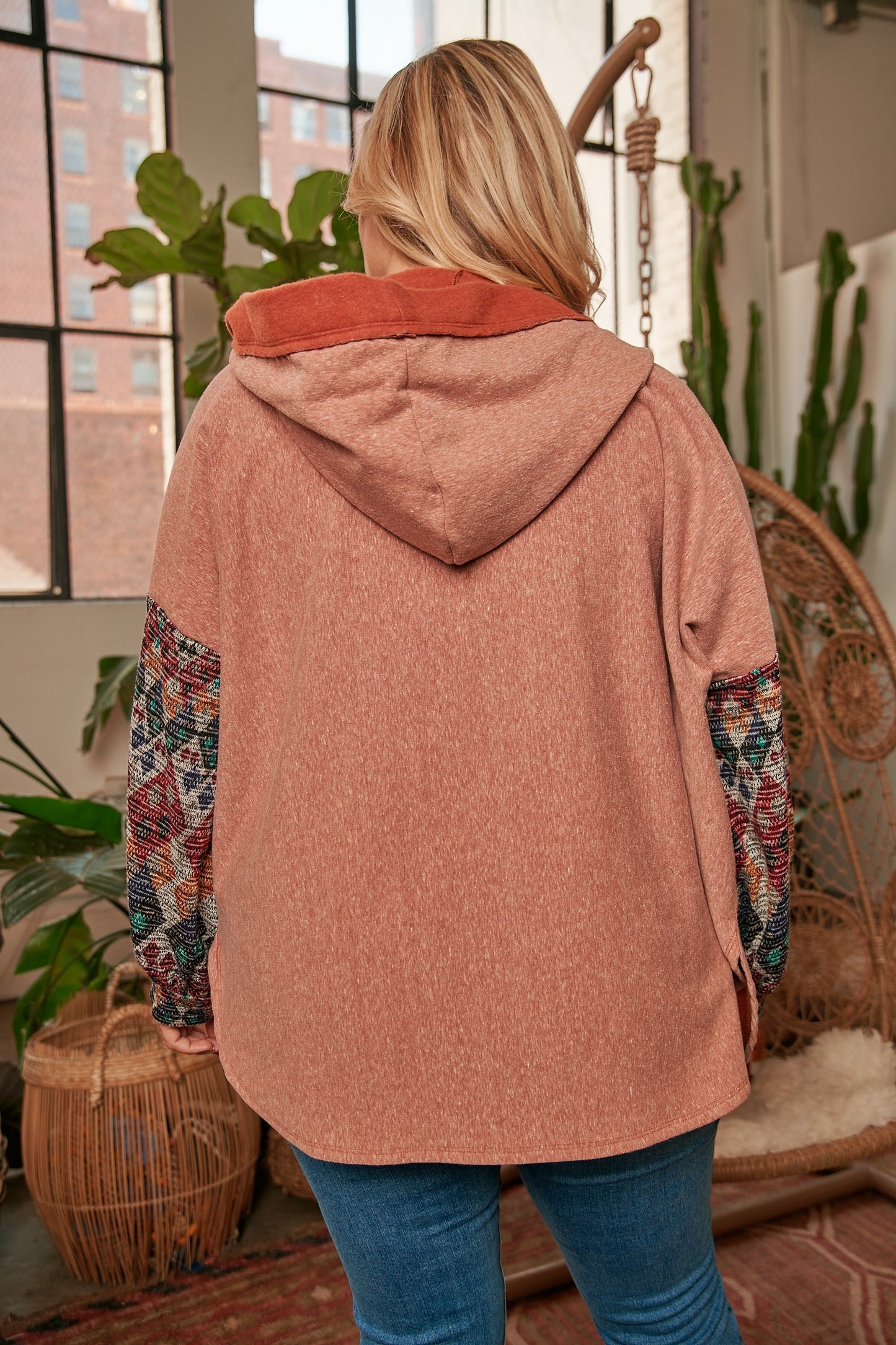 Hoodie Jacket With Aztec Print Mixed