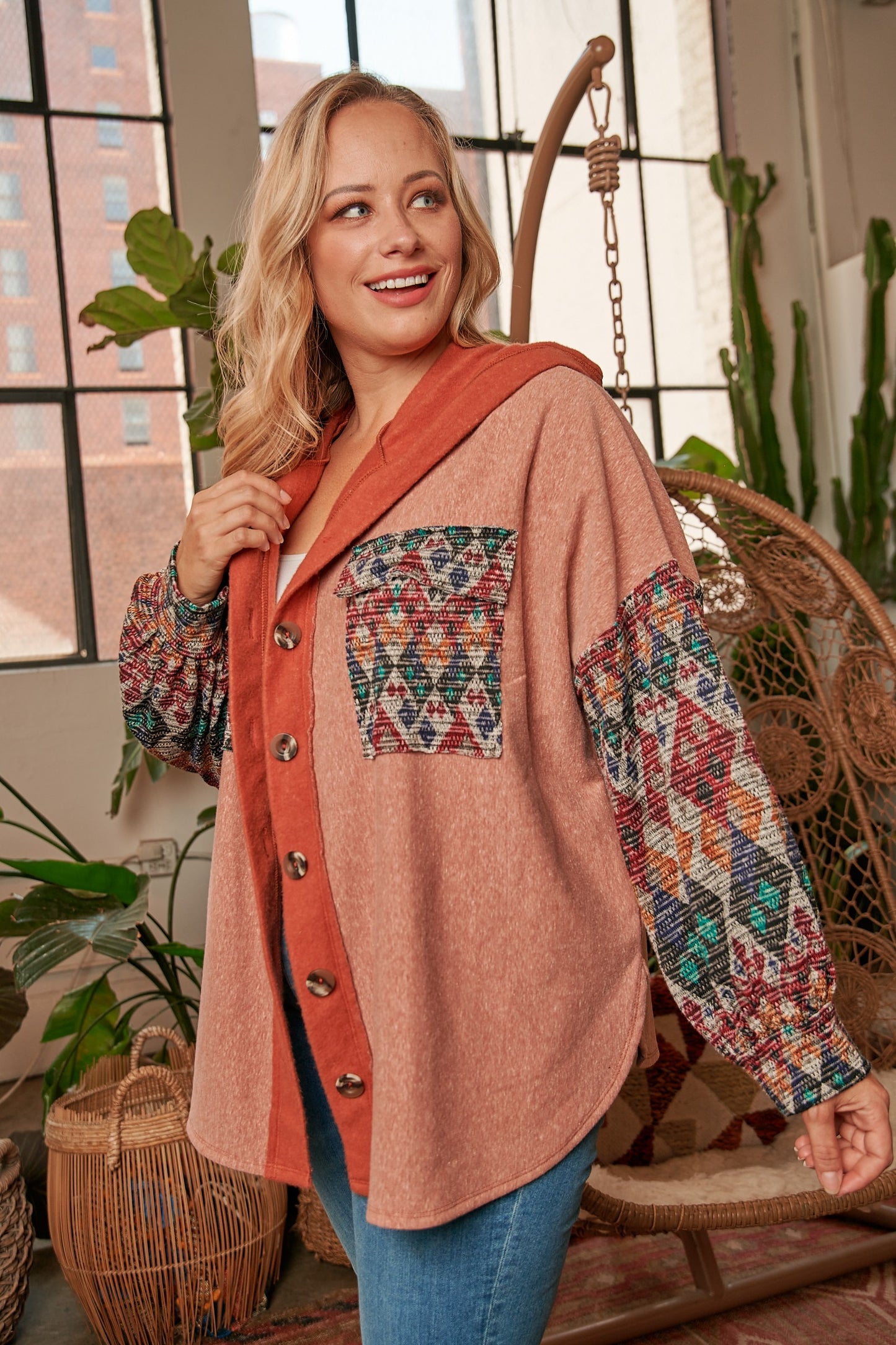 Hoodie Jacket With Aztec Print Mixed