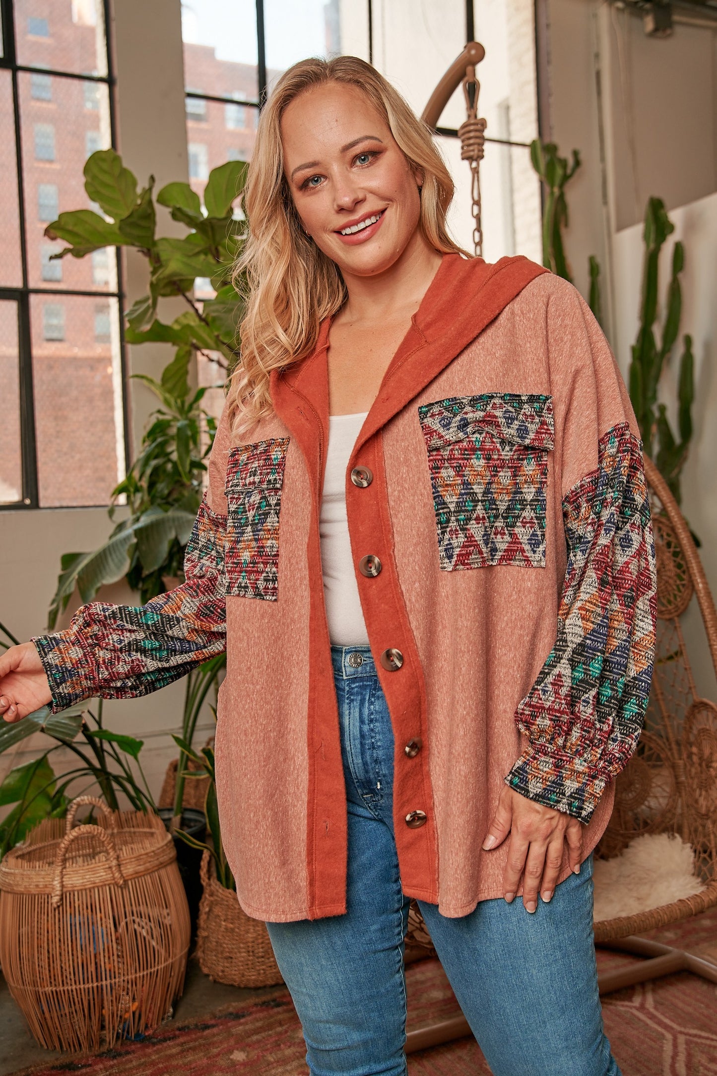 Hoodie Jacket With Aztec Print Mixed