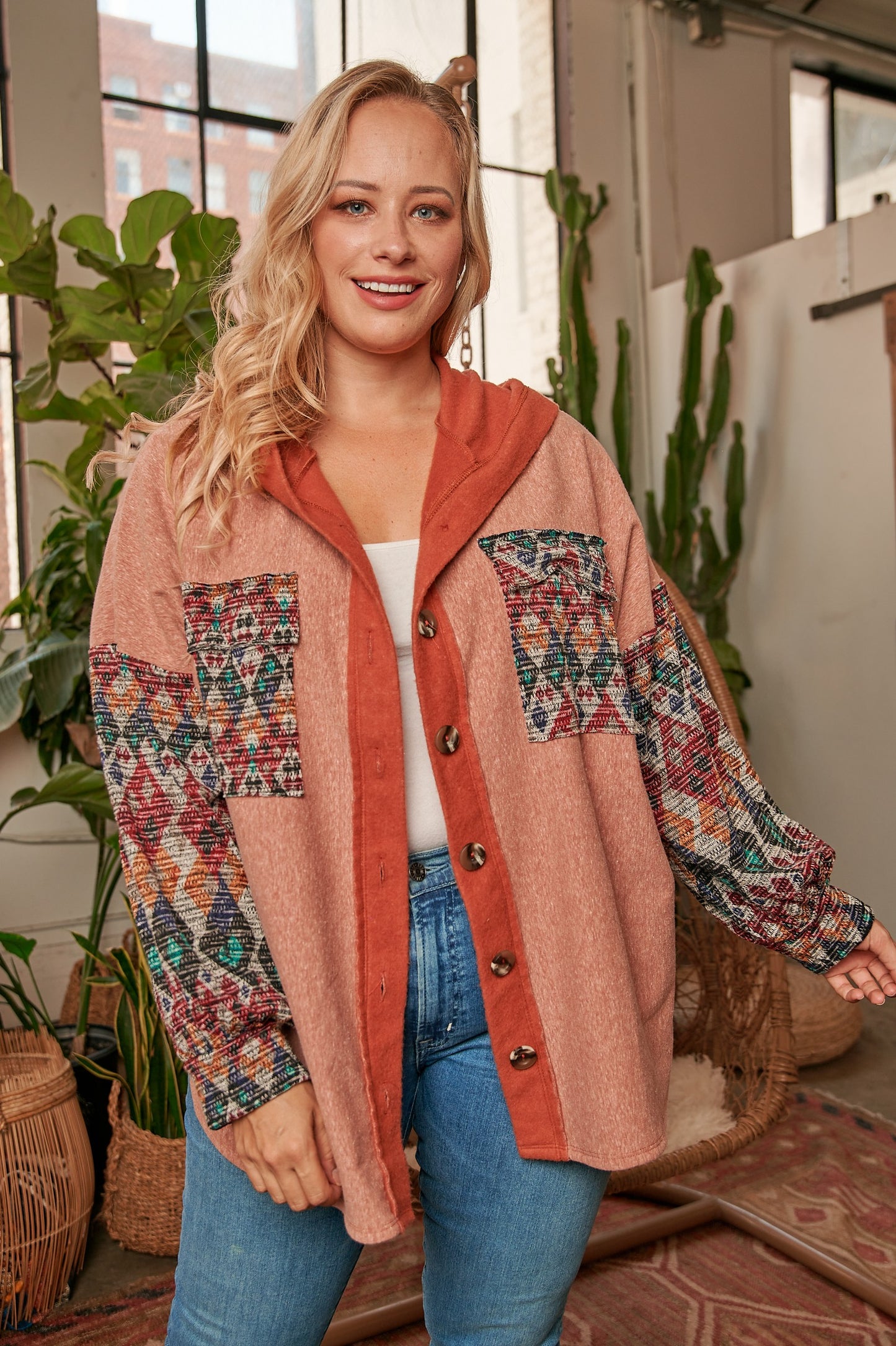 Hoodie Jacket With Aztec Print Mixed