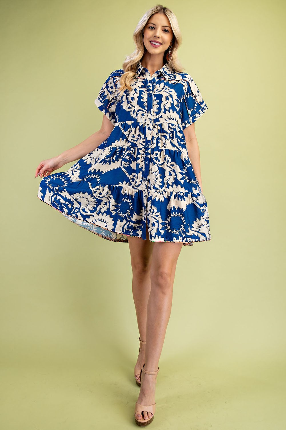 Printed Tiered Button Down Shirt Dress