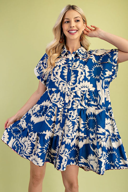 Printed Tiered Button Down Shirt Dress