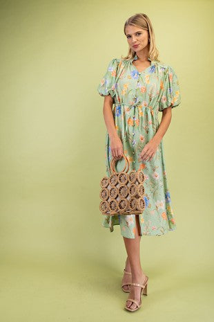 Floral Midi Dress Waist Tie