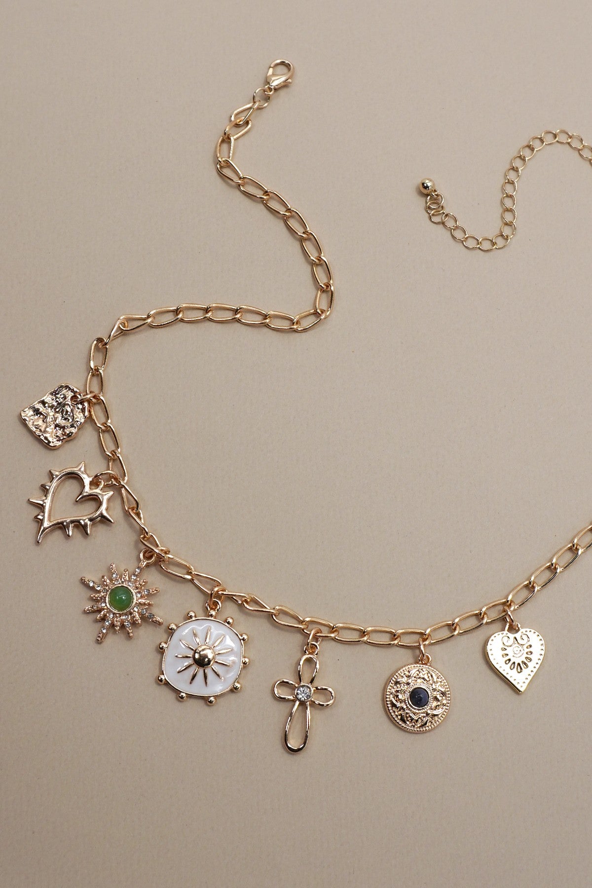 Charm Necklace- Heart Cross Sunburst Stone