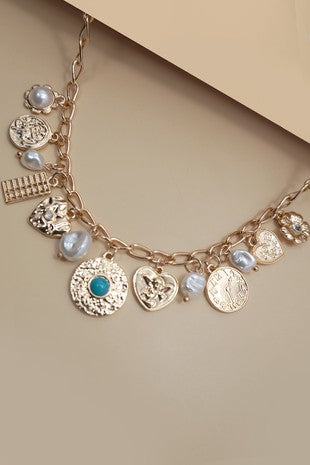 Charm Necklace- Pearl Heart Teal Coin Charms