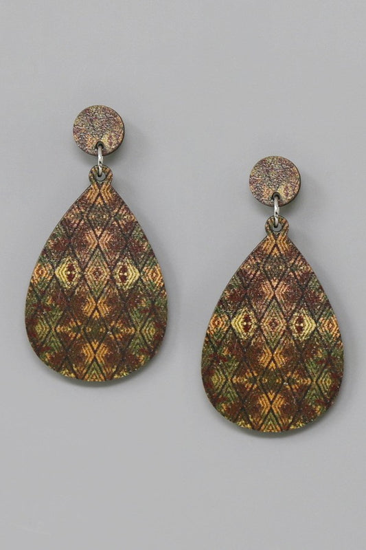 Western Print Teardrop Wooden Earrings
