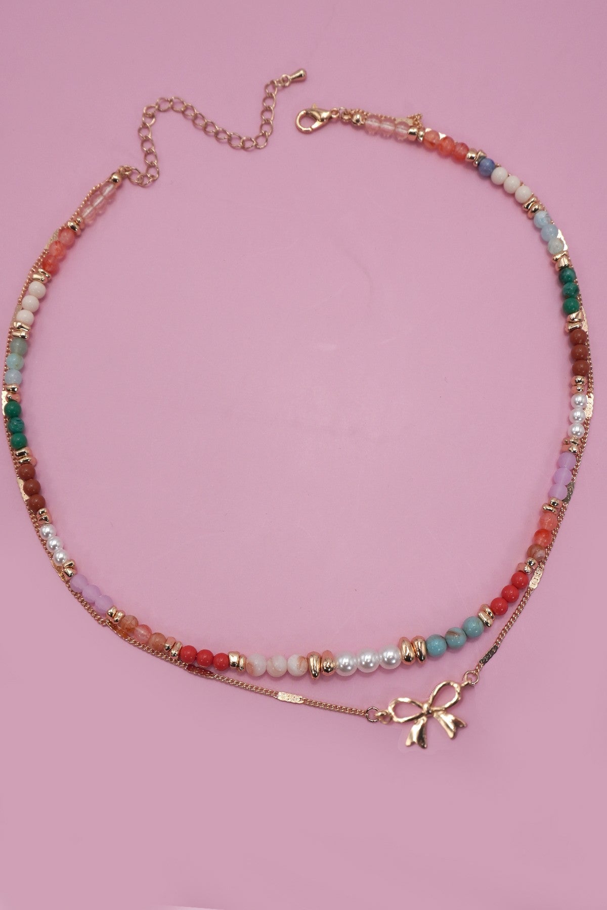 Multi Beaded Bow Charm Double Layer Necklace