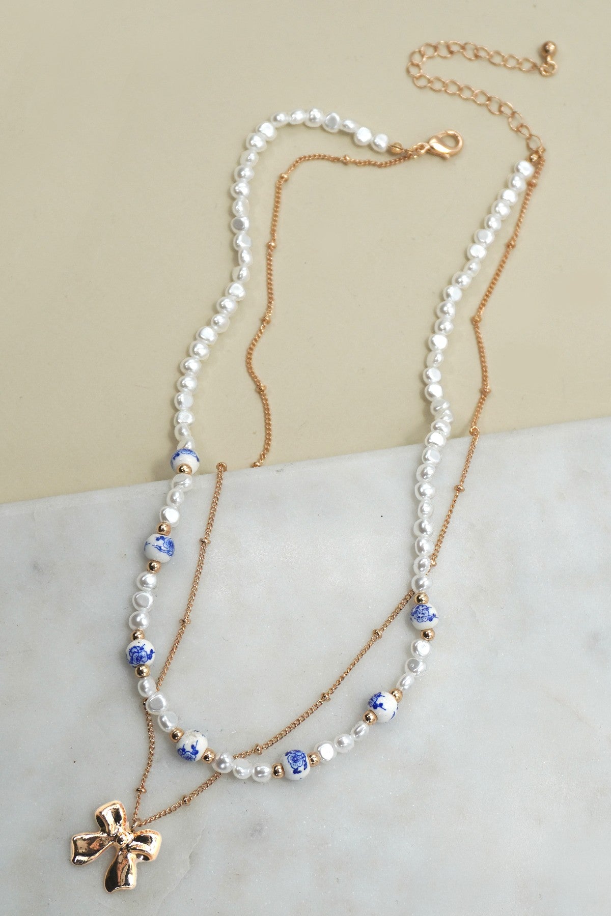 Ceramic Porcelain Pearl Bow Layer Necklace
