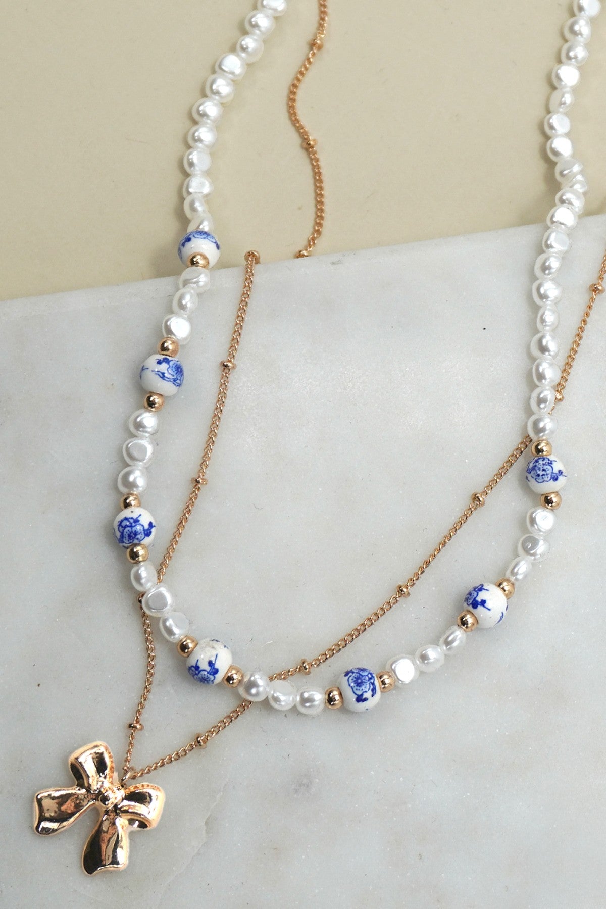 Ceramic Porcelain Pearl Bow Layer Necklace