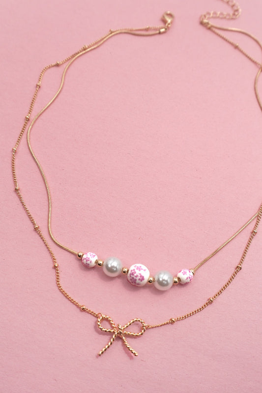 Pink Ceramic Porcelain Pearl Bow Layer Necklace