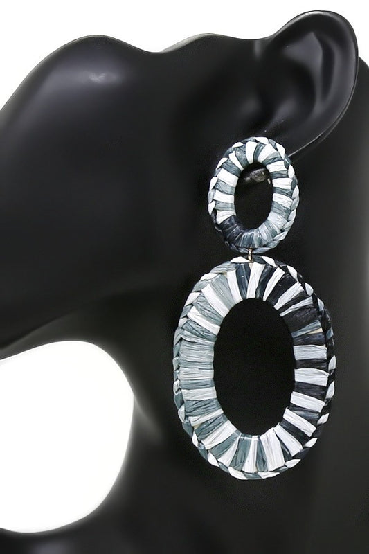 Oval Hoop Raffia Wrapped Dangle Earrings