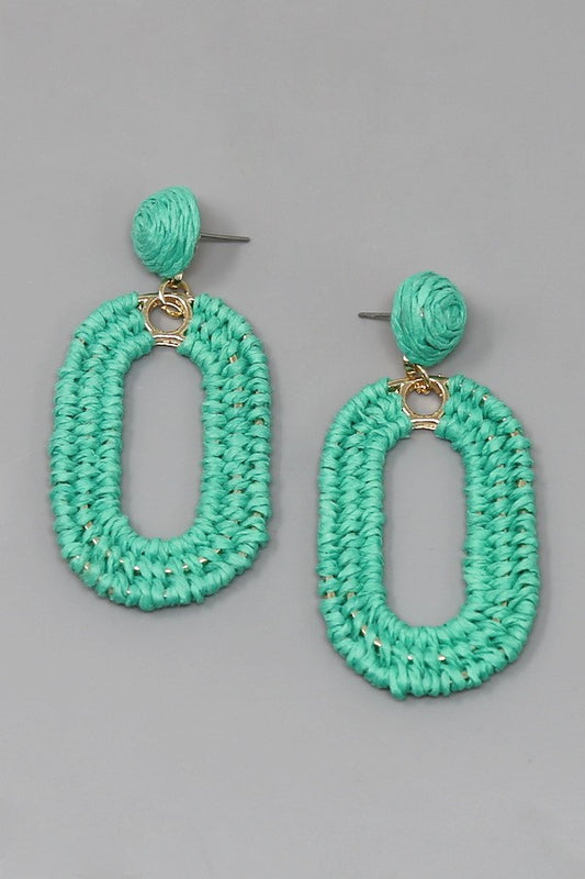 Raffia Wrapped Oval Hoop Dangle Earrings