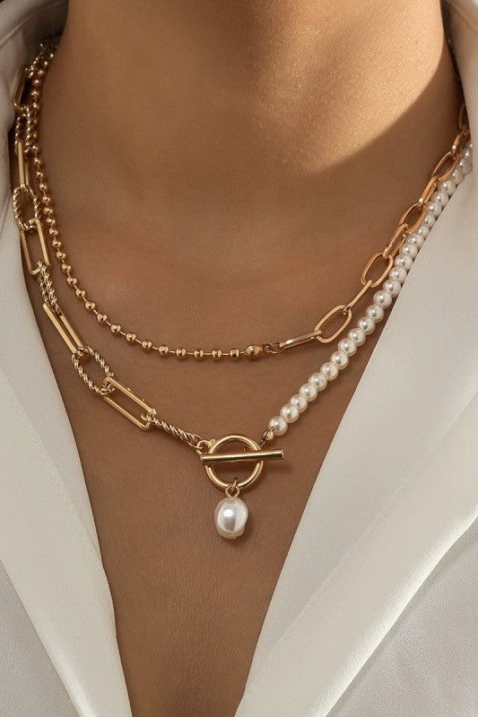Pearl Double Layer Toggle Necklace