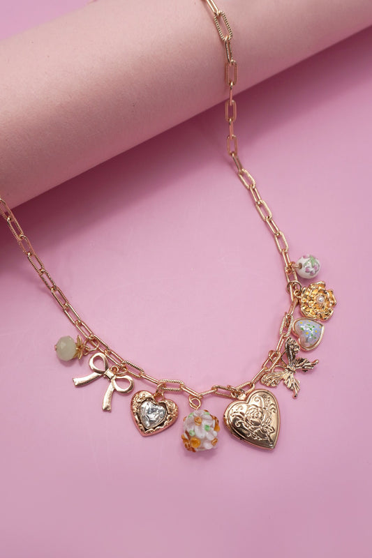 Charm Necklace- Heart Locket Butterfly Bow Flower