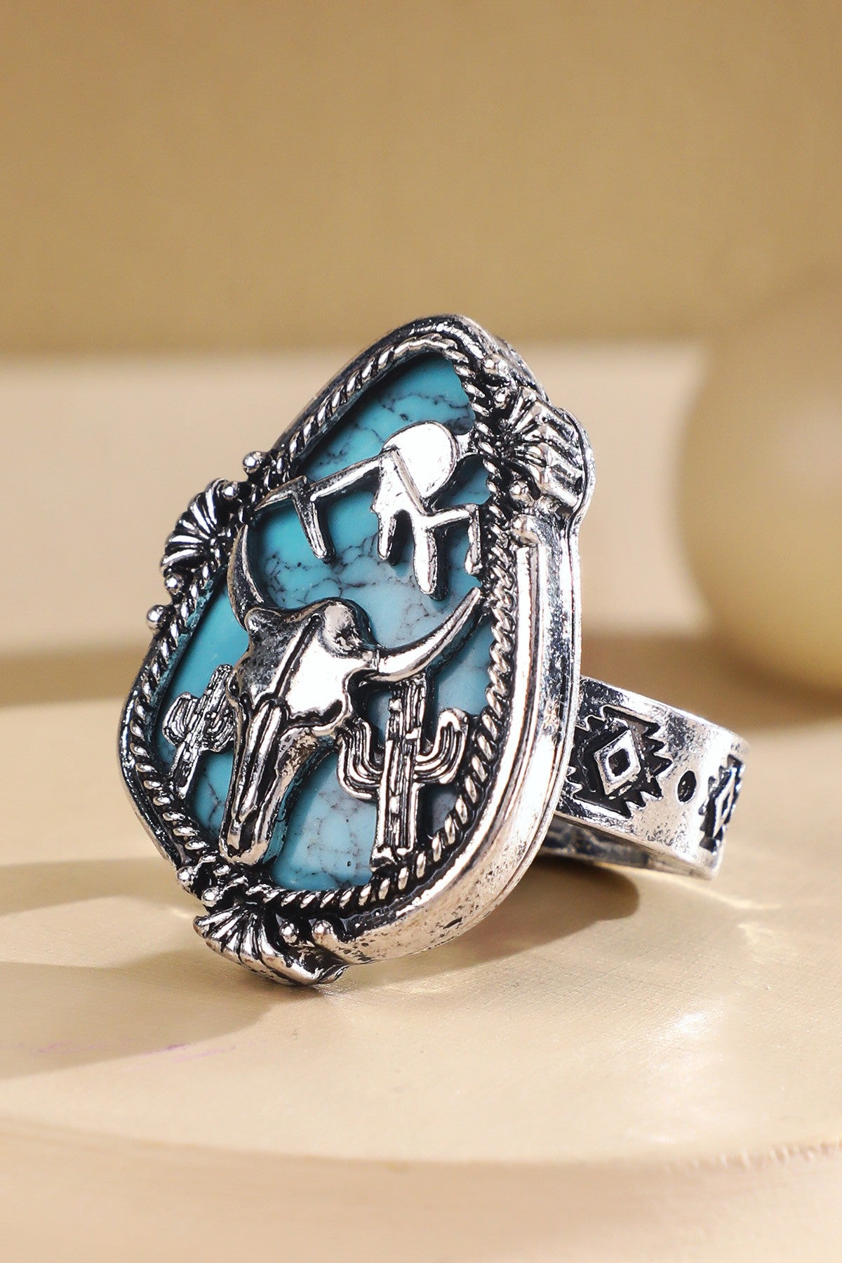 Western Steer Head Hand Stone Ring