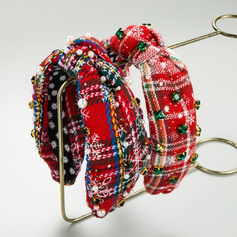 Christmas Plaid Rhinestone Wide Knotted Headband