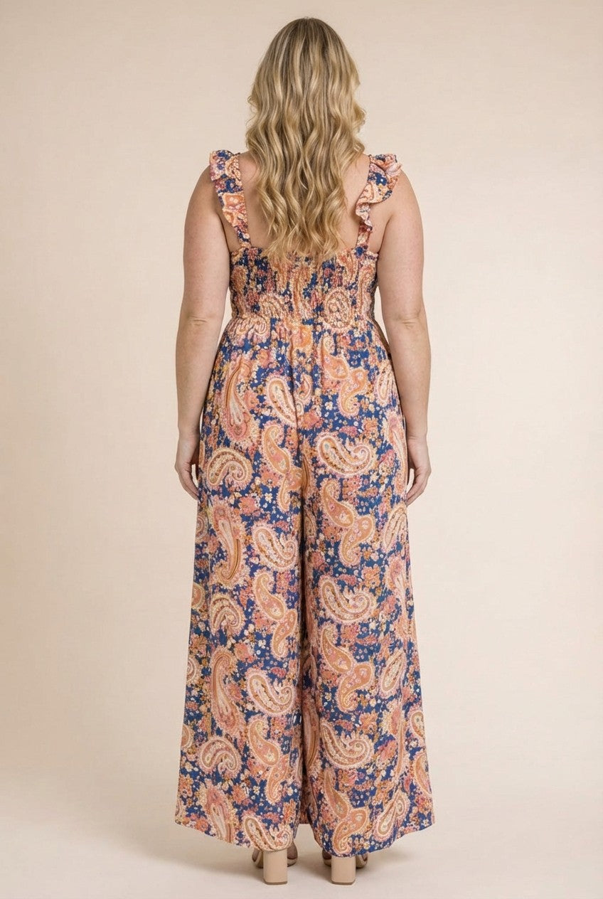 Plus Size Paisley Smocked Jumpsuit