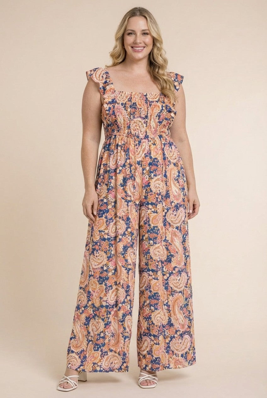 Plus Size Paisley Smocked Jumpsuit