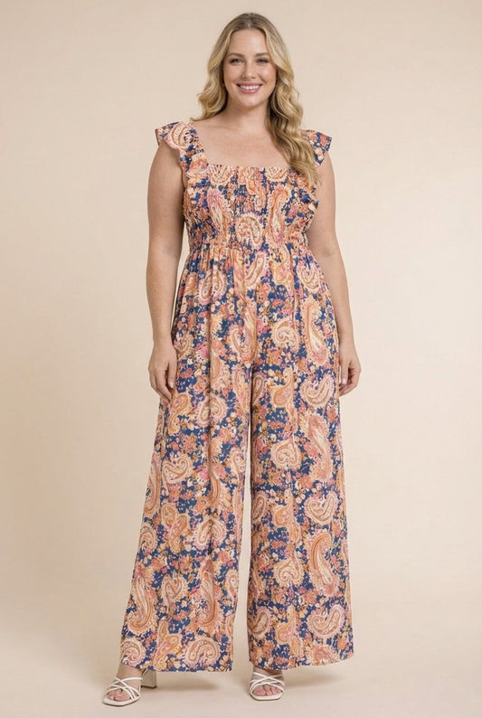 Plus Size Paisley Smocked Jumpsuit