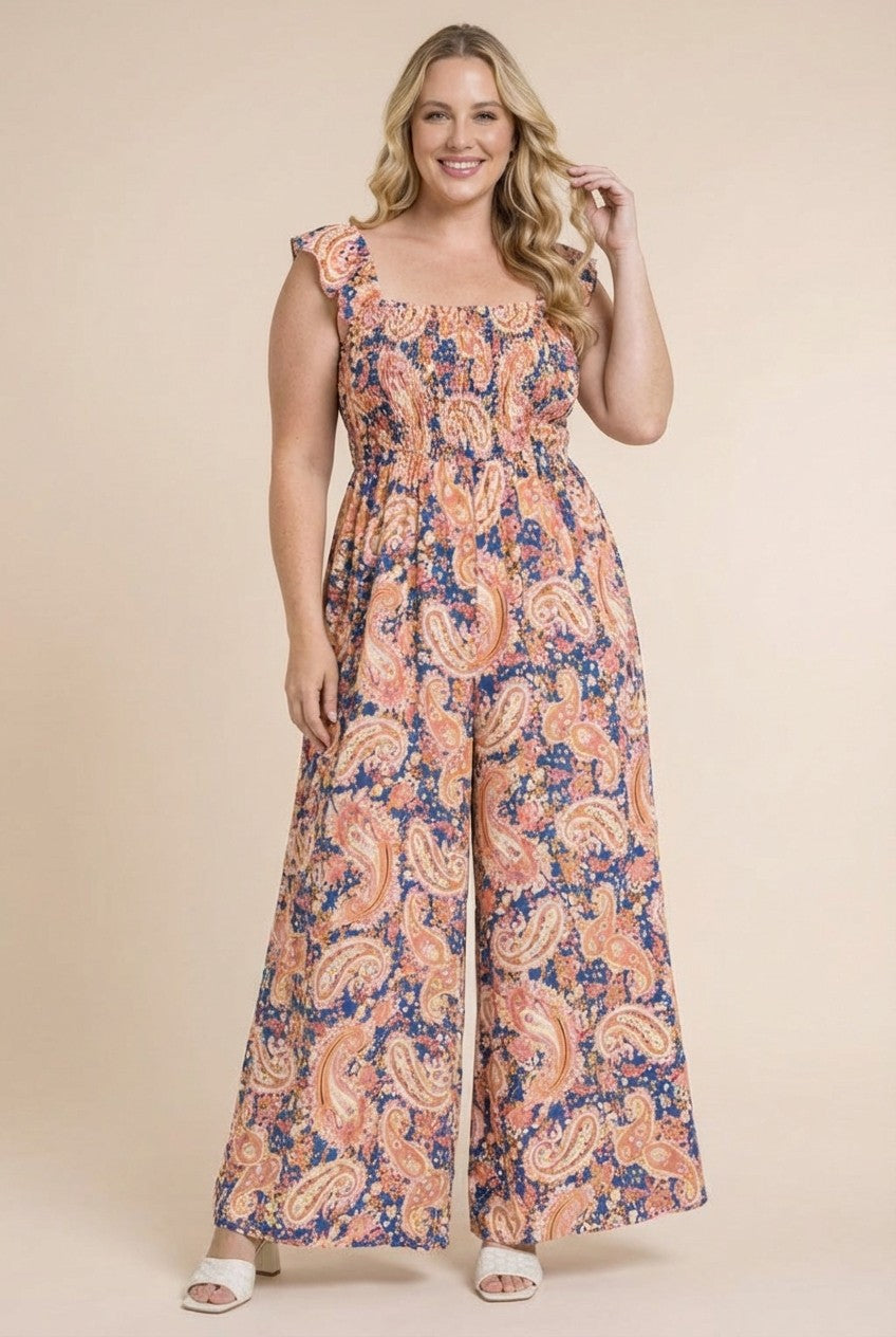 Plus Size Paisley Smocked Jumpsuit