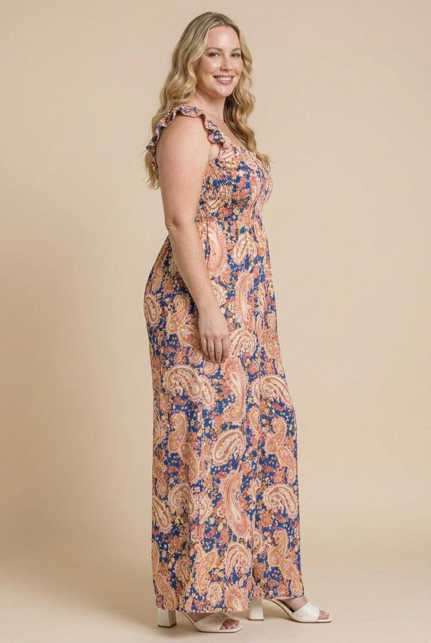 Plus Size Paisley Smocked Jumpsuit