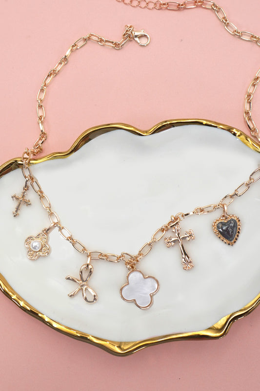 Charm Necklace- Clover Bow Cross Heart Flower