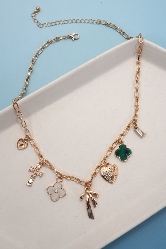 Charm Necklace Green Clover Bow Cross Heart