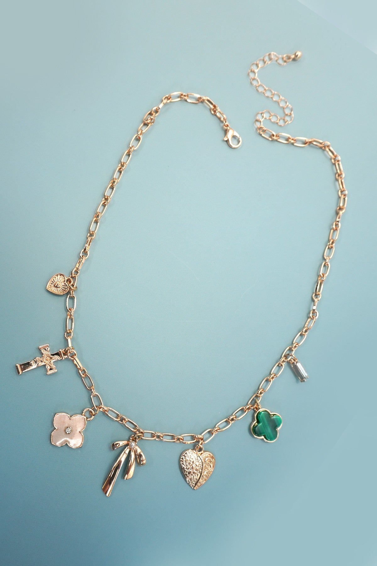 Charm Necklace-green Clover Bow Cross Heart