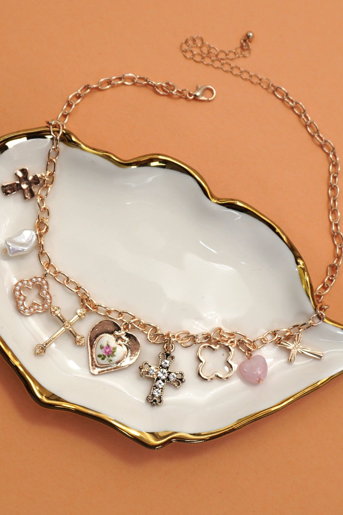 Charm Necklace- Clover Cross Porcelain Flower