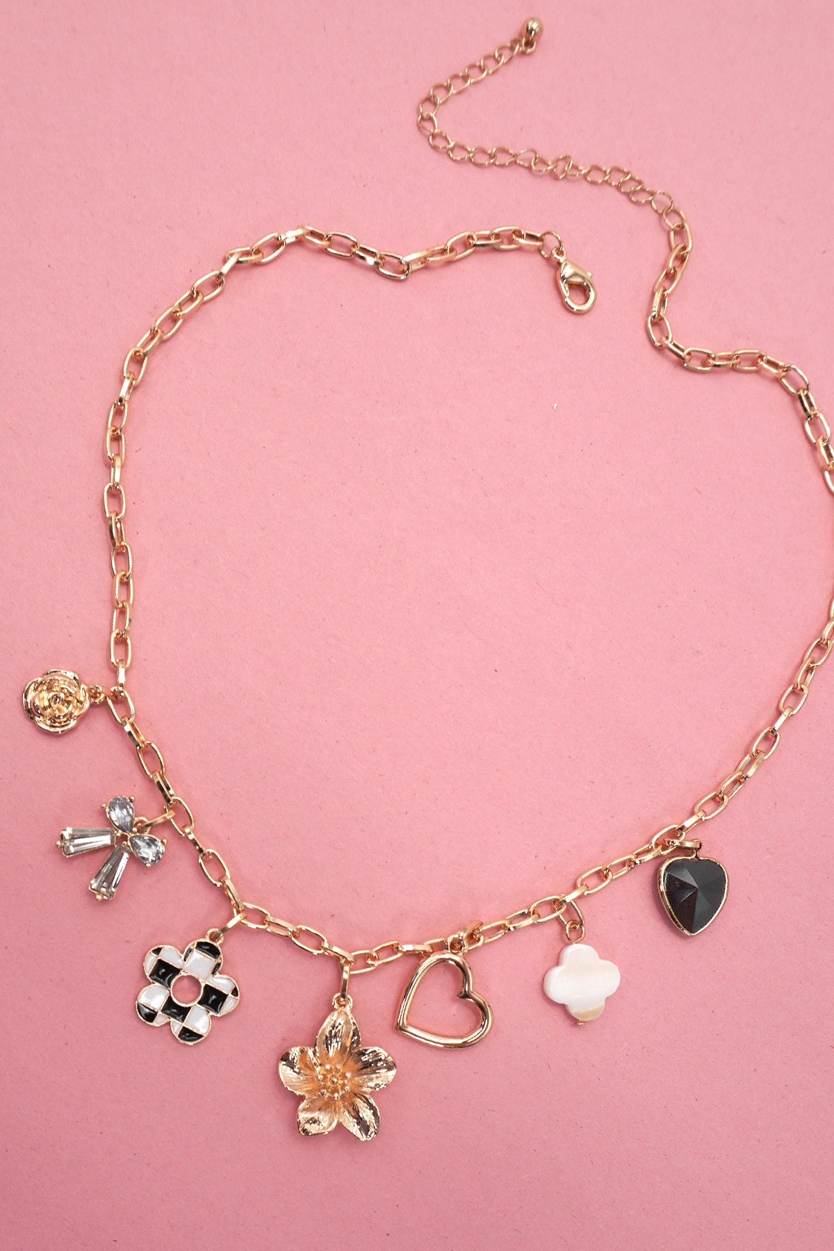Charm Necklace-bow Checker Heart Rhinestone