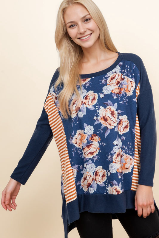 Stripe Floral Combination Side Slit Top