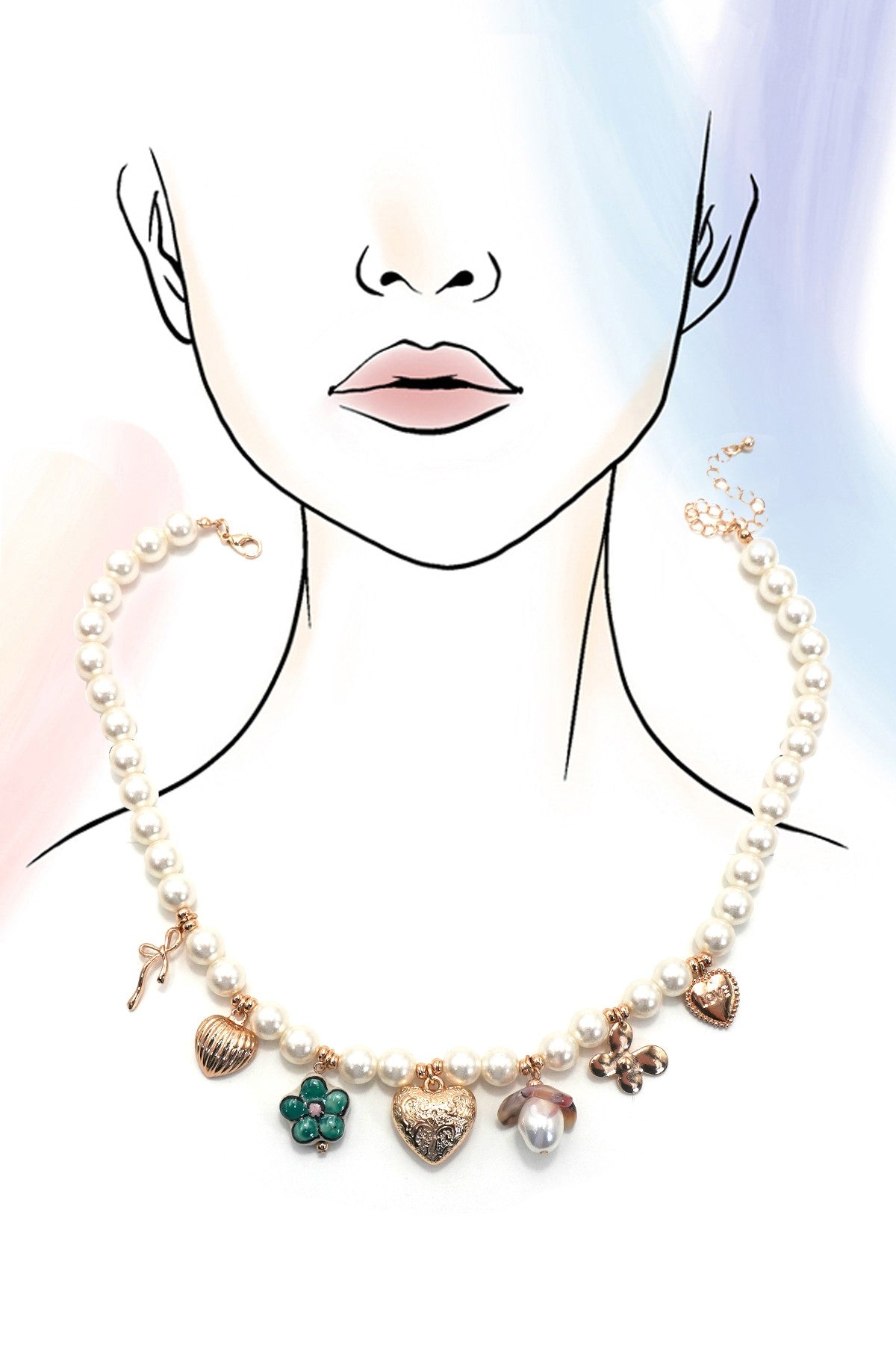 Charm Pearl Necklace-heart Porcelain Flower Bow