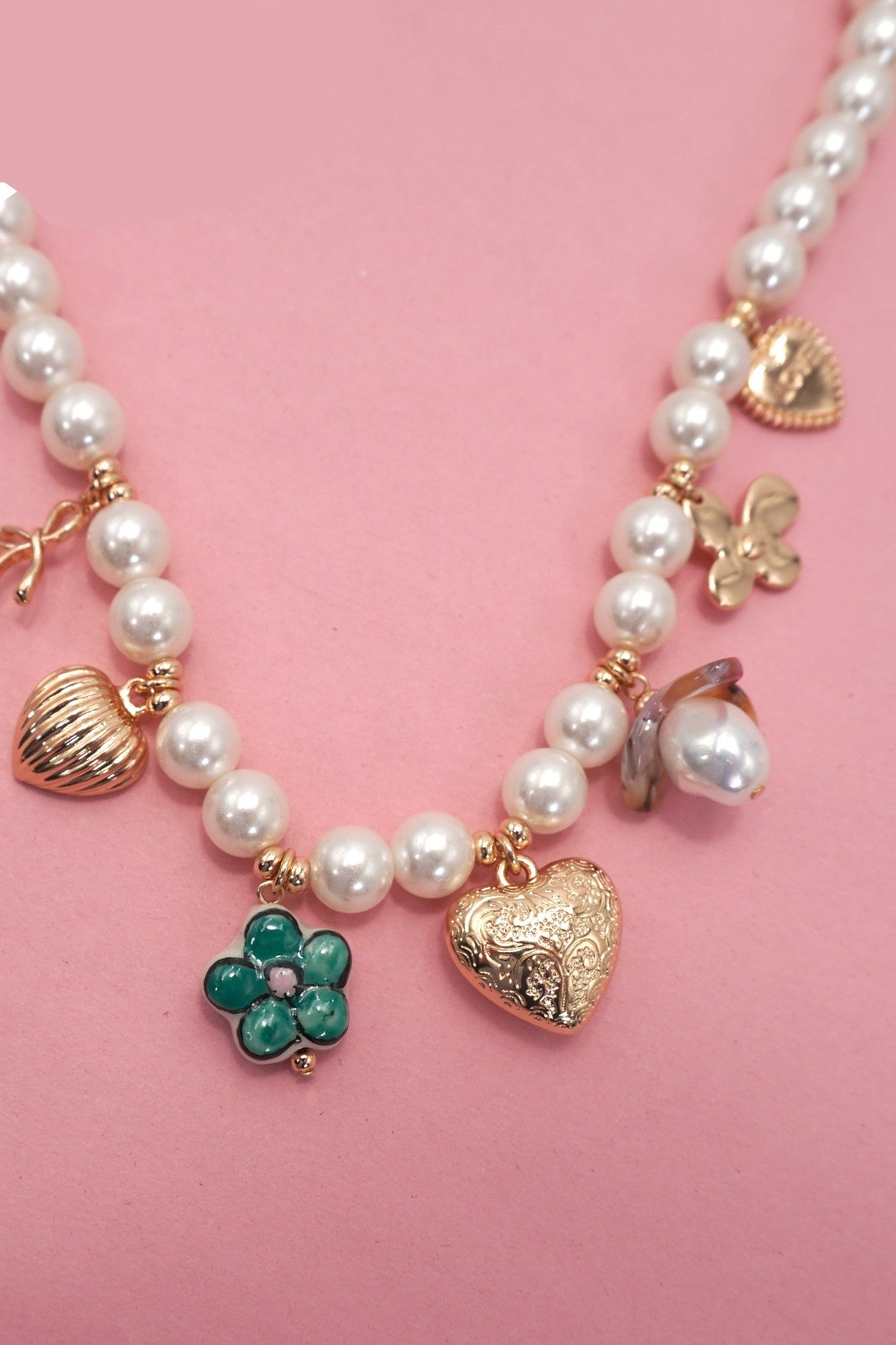 Charm Pearl Necklace-heart Porcelain Flower Bow
