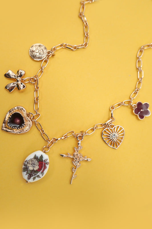 Charm Necklace-Heart Porcelain Flower Bow Cross