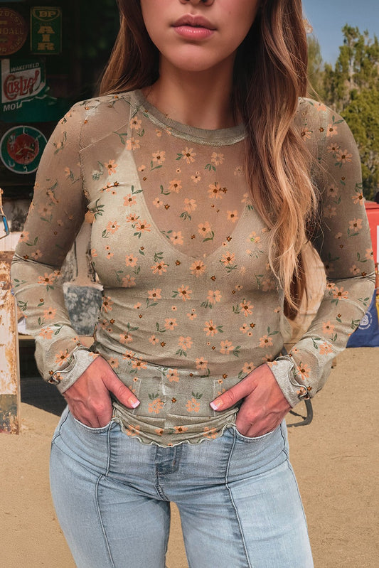 Floral Southern Style Mesh Long Sleeve Top