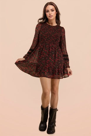 Lace Trim Smocking Printed Mini Dress