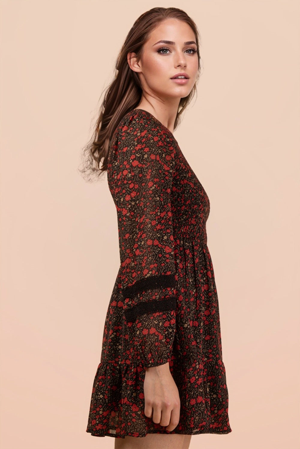 Lace Trim Smocking Printed Mini Dress