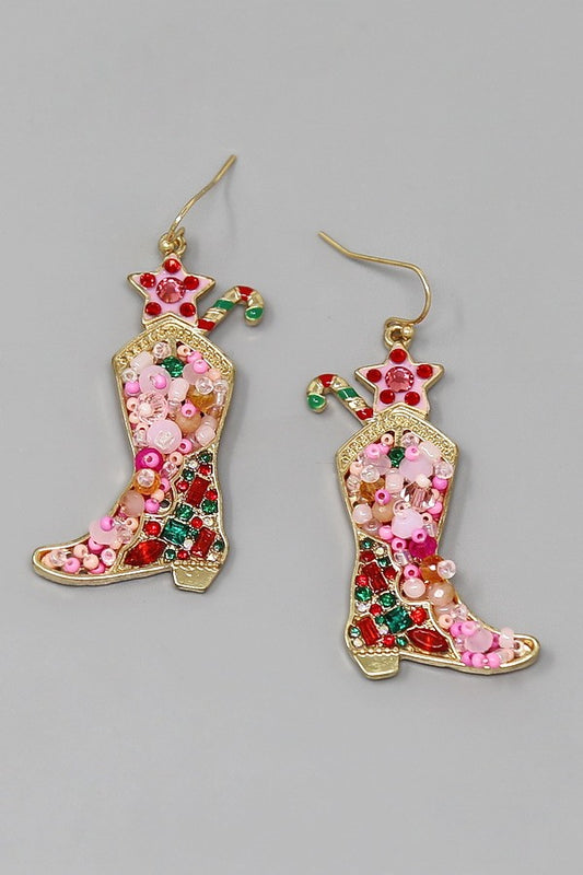 Christmas Cowboy Boots Beaded Earrings