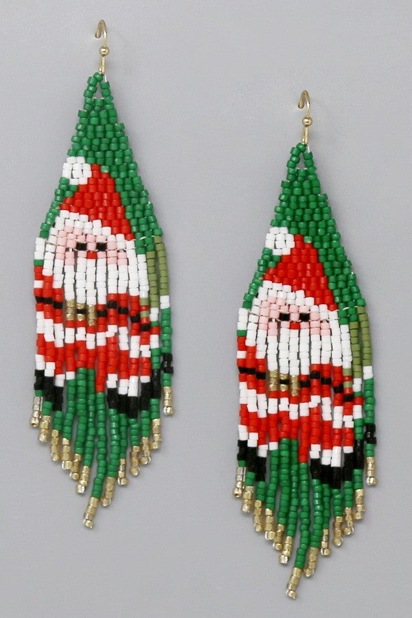 Christmas Santa Claus Seed Beaded Fringe Earrings