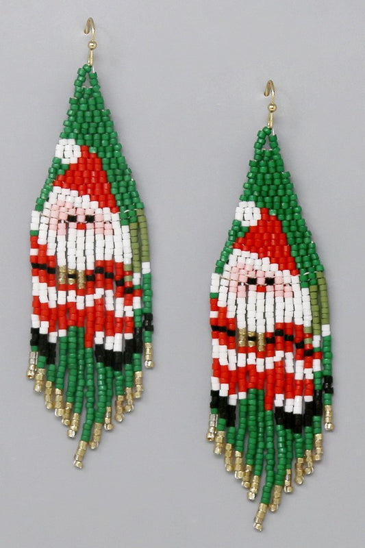 Christmas Santa Claus Seed Beaded Fringe Earrings