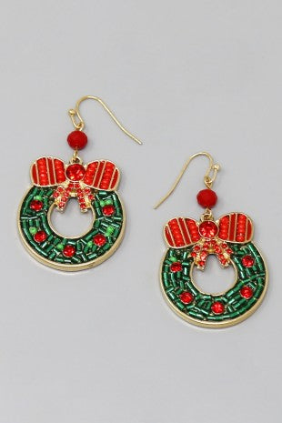 Christmas Wreath Seed Beaded Dangle Earrings