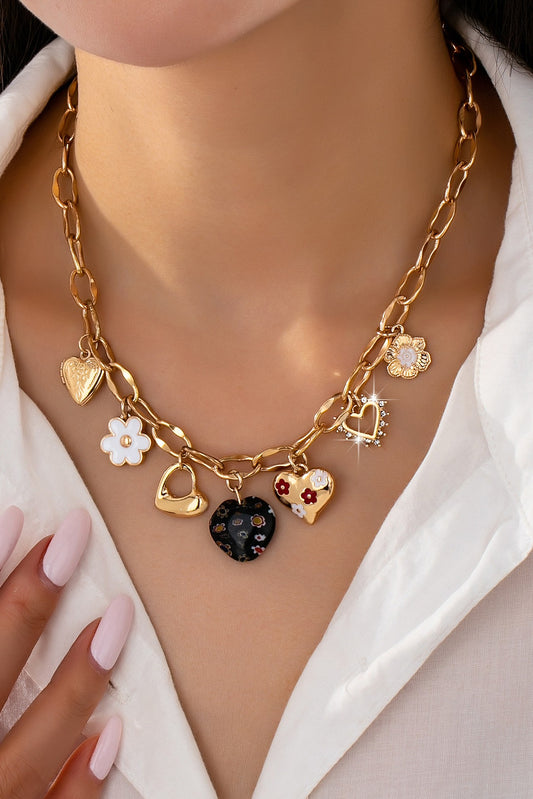 Charm Necklace-hearts Flower Rhinestone