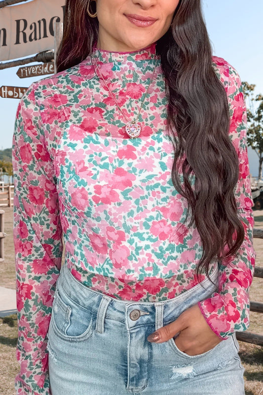 Slim Fit Floral Mesh Long Sleeve Mock Neck Top