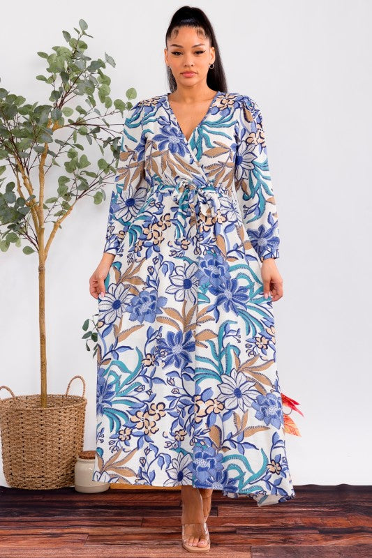 Blue Floral Print Long Sleeve Maxi Dress