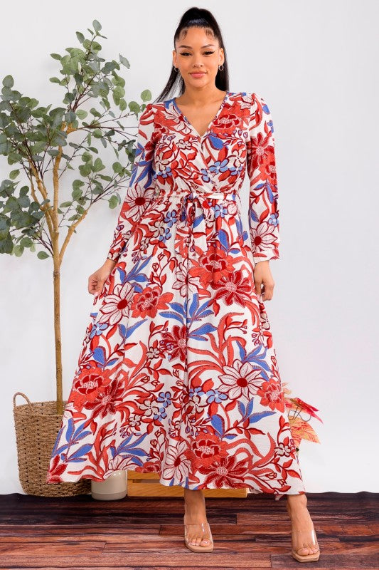 Red Floral Print Long Sleeve Maxi Dress